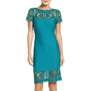 Tadashi Shoji | Teal Blue/Green Lace Accent Pintucked Sheath Dress